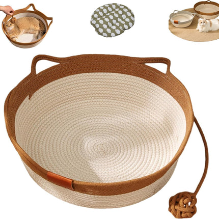 Stimulicat Cat Bed Rope Cotton, Stimuli cat Basket Bed, Cotton Rope Woven Round Cat Beds Basket with Built-in Teasing Ball, Handwoven Foldable Scratchable for Small & Large pet Brown.