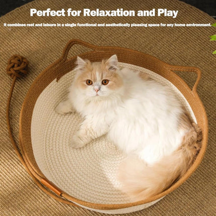Stimulicat Cat Bed Rope Cotton, Stimuli cat Basket Bed, Cotton Rope Woven Round Cat Beds Basket with Built-in Teasing Ball, Handwoven Foldable Scratchable for Small & Large pet Brown.
