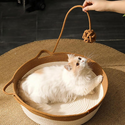 Stimulicat Cat Bed Rope Cotton, Stimuli cat Basket Bed, Cotton Rope Woven Round Cat Beds Basket with Built-in Teasing Ball, Handwoven Foldable Scratchable for Small & Large pet Brown.