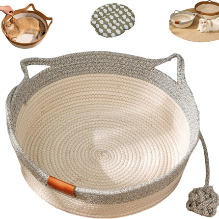 Stimulicat Cat Bed Rope Cotton, Stimuli cat Basket Bed, Cotton Rope Woven Round Cat Beds Basket with Built-in Teasing Ball, Handwoven Foldable Scratchable for Small & Large pet Gray.