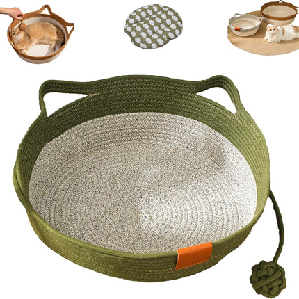 Stimulicat Cat Bed Rope Cotton, Stimuli cat Basket Bed, Cotton Rope Woven Round Cat Beds Basket with Built-in Teasing Ball, Handwoven Foldable Scratchable for Small & Large pet Green.