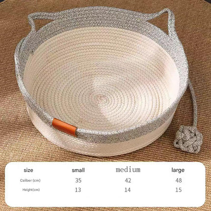 Stimulicat Cat Bed Rope Cotton, Stimuli cat Basket Bed, Cotton Rope Woven Round Cat Beds Basket with Built-in Teasing Ball, Handwoven Foldable Scratchable for Small & Large pet Green.