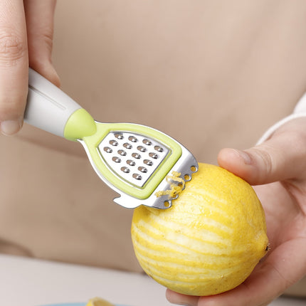 Green Stainless Steel 3-in-1 Citrus Zester & Juicer – Multi-Functional Lemon Grater, Peeler & Juicing Tool with Soft Grip Handle for Oranges, Limes & Grapefruit.