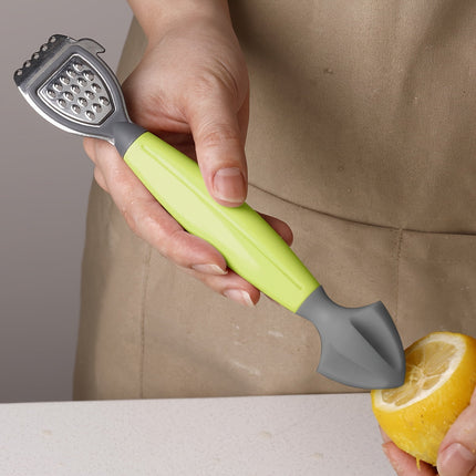 Green Stainless Steel 3-in-1 Citrus Zester & Juicer – Multi-Functional Lemon Grater, Peeler & Juicing Tool with Soft Grip Handle for Oranges, Limes & Grapefruit.