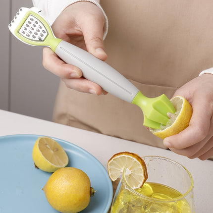 Green Stainless Steel 3-in-1 Citrus Zester & Juicer – Multi-Functional Lemon Grater, Peeler & Juicing Tool with Soft Grip Handle for Oranges, Limes & Grapefruit.
