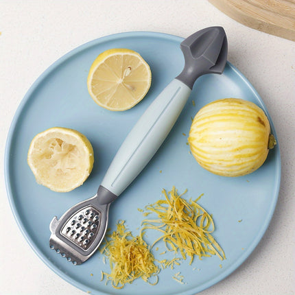 Green Stainless Steel 3-in-1 Citrus Zester & Juicer – Multi-Functional Lemon Grater, Peeler & Juicing Tool with Soft Grip Handle for Oranges, Limes & Grapefruit.