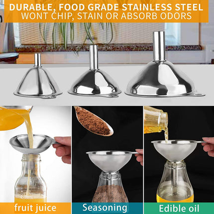 4 Pcs Metal Stainless Steel Funnel, Large Small Funnel Set of 3, Food Grade Mini Funnels for Kitchen Use Filling Bottles Liquor Flask Tiny Spice Cooking Powder Water Silver.