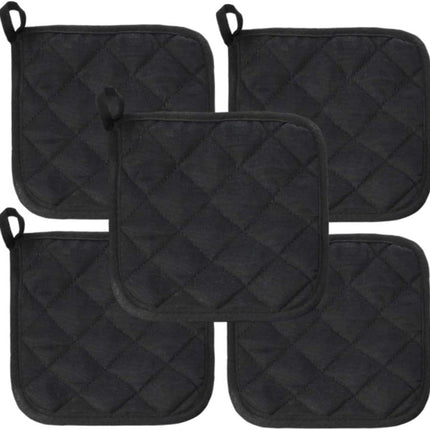 5Pcs Kitchen Pot Holders Set Heat Resistant Pure Cotton Potholders Kit Trivets Large Coasters Hot Pads Pot Holders for Everyday Cooking and Baking by 6.5 x 6.5 Inch Black.