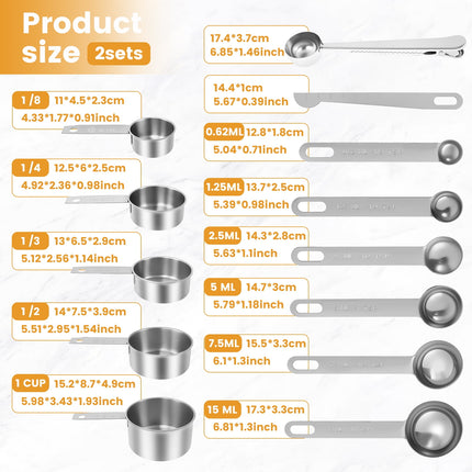 16Pc Magnetic Stainless Steel Measuring Cups & Spoons Set, 7 Heavy Duty Cups,8 Double Sided Spoons with Leveler Black 26PCS.