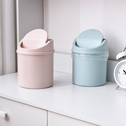 Walbest Desktop Mini Cute Trash Can with Swing Lid, Space Saving PP Plastic Cylindrical Tiny Garbage Can, Size: 6.69" x 5.12 Grey.