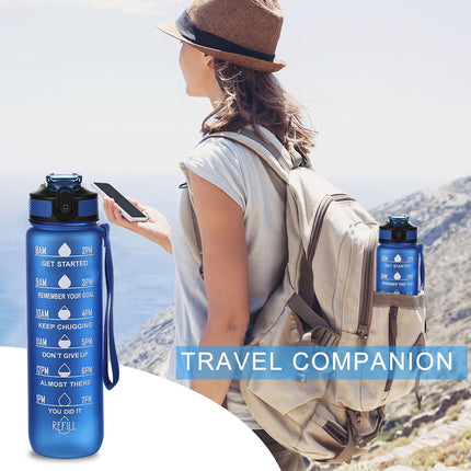 Tyidzon 32Oz Water Bottle with Time Markers, Carry Strap, Leak-Proof for Fitness, Gym, Camping, Outdoor Sports Blue.