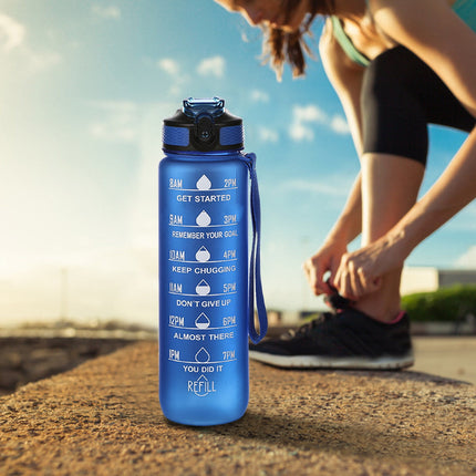 Tyidzon 32Oz Water Bottle with Time Markers, Carry Strap, Leak-Proof for Fitness, Gym, Camping, Outdoor Sports Blue.