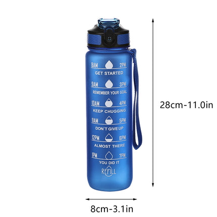 Tyidzon 32Oz Water Bottle with Time Markers, Carry Strap, Leak-Proof for Fitness, Gym, Camping, Outdoor Sports Blue.