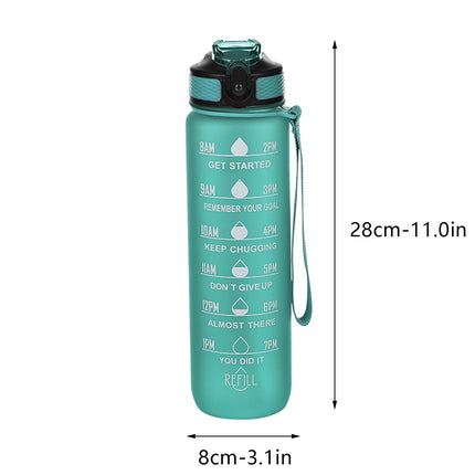 Tyidzon 32Oz Water Bottle with Time Markers, Carry Strap, Leak-Proof for Fitness, Gym, Camping, Outdoor Sports Green.