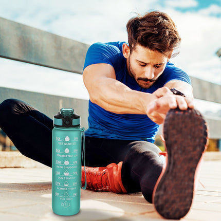 Tyidzon 32Oz Water Bottle with Time Markers, Carry Strap, Leak-Proof for Fitness, Gym, Camping, Outdoor Sports Green.