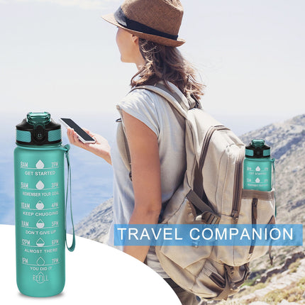Tyidzon 32Oz Water Bottle with Time Markers, Carry Strap, Leak-Proof for Fitness, Gym, Camping, Outdoor Sports Green.
