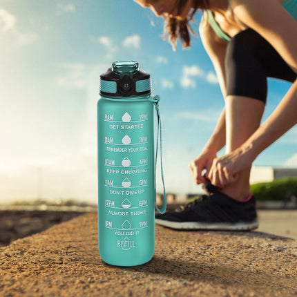 Tyidzon 32Oz Water Bottle with Time Markers, Carry Strap, Leak-Proof for Fitness, Gym, Camping, Outdoor Sports Green.