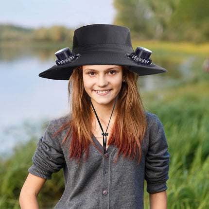 PALIFEUR Wide Brim Solar Fan Hat with 2 Solar Fan, Fan Built in Hat with Fans Solar Power, Solar Powered Fan Hat for Outdoor Fishing Travel, 3 Speed Adjustable Fan Hat Black.