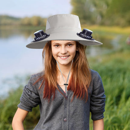 PALIFEUR Wide Brim Solar Fan Hat with 2 Solar Fan, Fan Built in Hat with Fans Solar Power, Solar Powered Fan Hat for Outdoor Fishing Travel, 3 Speed Adjustable Fan Hat Gray.
