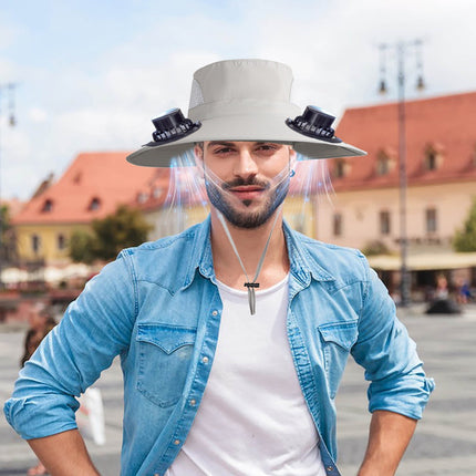 PALIFEUR Wide Brim Solar Fan Hat with 2 Solar Fan, Fan Built in Hat with Fans Solar Power, Solar Powered Fan Hat for Outdoor Fishing Travel, 3 Speed Adjustable Fan Hat Gray.