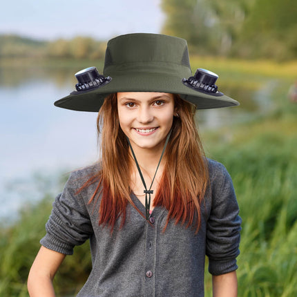 PALIFEUR Wide Brim Solar Fan Hat with 2 Solar Fan, Fan Built in Hat with Fans Solar Power, Solar Powered Fan Hat for Outdoor Fishing Travel, 3 Speed Adjustable Fan Hat Green.
