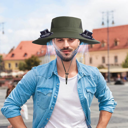 PALIFEUR Wide Brim Solar Fan Hat with 2 Solar Fan, Fan Built in Hat with Fans Solar Power, Solar Powered Fan Hat for Outdoor Fishing Travel, 3 Speed Adjustable Fan Hat Green.