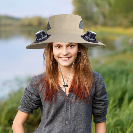 PALIFEUR Wide Brim Solar Fan Hat with 2 Solar Fan, Fan Built in Hat with Fans Solar Power, Solar Powered Fan Hat for Outdoor Fishing Travel, 3 Speed Adjustable Fan Hat White.