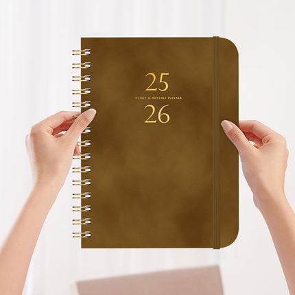 Xuniizn Academic Planner 2025-2026, Daily, Weekly & Monthly Planner, Journaling Notebooks for Work, Spiral Notebook, Twin-Wire Binding Day and Weekly Agenda for Work, Daily Planner Brown.