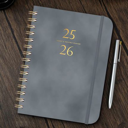 Xuniizn Academic Planner 2025-2026, Daily, Weekly & Monthly Planner, Journaling Notebooks for Work, Spiral Notebook, Twin-Wire Binding Day and Weekly Agenda for Work, Daily Planner Gray.