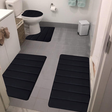 Xuniizn Bathroom Rugs Sets 4 Piece, Bath Mat Set and Oval Toilet Base with Rubber Backing, Plush Absorbent Shaggy Chenille Washable Mats, Includes 16x24", 16x20", 15x17" and 15x19" Rugs, Blue Black.