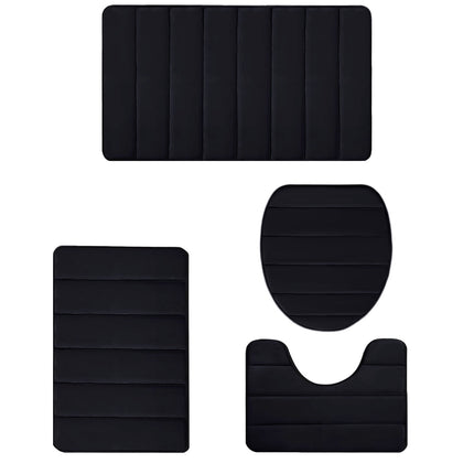 Xuniizn Bathroom Rugs Sets 4 Piece, Bath Mat Set and Oval Toilet Base with Rubber Backing, Plush Absorbent Shaggy Chenille Washable Mats, Includes 16x24", 16x20", 15x17" and 15x19" Rugs, Blue Black.