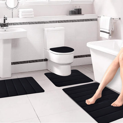 Xuniizn Bathroom Rugs Sets 4 Piece, Bath Mat Set and Oval Toilet Base with Rubber Backing, Plush Absorbent Shaggy Chenille Washable Mats, Includes 16x24", 16x20", 15x17" and 15x19" Rugs, Blue Black.