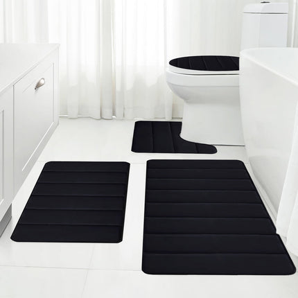 Xuniizn Bathroom Rugs Sets 4 Piece, Bath Mat Set and Oval Toilet Base with Rubber Backing, Plush Absorbent Shaggy Chenille Washable Mats, Includes 16x24", 16x20", 15x17" and 15x19" Rugs, Blue Black.