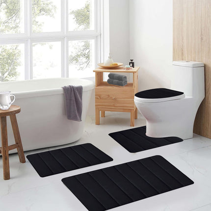 Xuniizn Bathroom Rugs Sets 4 Piece, Bath Mat Set and Oval Toilet Base with Rubber Backing, Plush Absorbent Shaggy Chenille Washable Mats, Includes 16x24", 16x20", 15x17" and 15x19" Rugs, Blue Black.