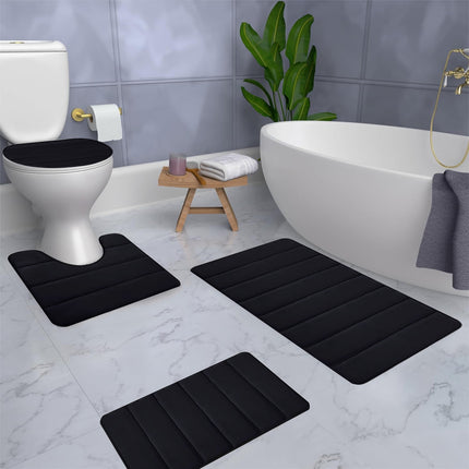 Xuniizn Bathroom Rugs Sets 4 Piece, Bath Mat Set and Oval Toilet Base with Rubber Backing, Plush Absorbent Shaggy Chenille Washable Mats, Includes 16x24", 16x20", 15x17" and 15x19" Rugs, Blue Black.