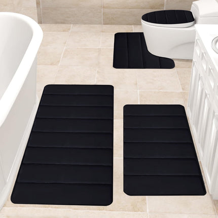 Xuniizn Bathroom Rugs Sets 4 Piece, Bath Mat Set and Oval Toilet Base with Rubber Backing, Plush Absorbent Shaggy Chenille Washable Mats, Includes 16x24", 16x20", 15x17" and 15x19" Rugs, Blue Black.