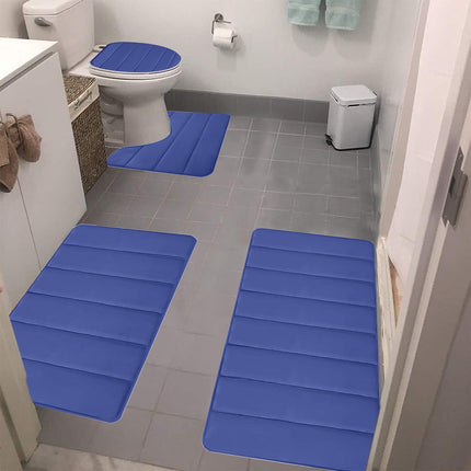 Xuniizn Bathroom Rugs Sets 4 Piece, Bath Mat Set and Oval Toilet Base with Rubber Backing, Plush Absorbent Shaggy Chenille Washable Mats, Includes 16x24", 16x20", 15x17" and 15x19" Rugs Blue.