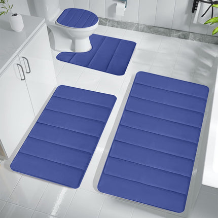 Xuniizn Bathroom Rugs Sets 4 Piece, Bath Mat Set and Oval Toilet Base with Rubber Backing, Plush Absorbent Shaggy Chenille Washable Mats, Includes 16x24", 16x20", 15x17" and 15x19" Rugs Blue.
