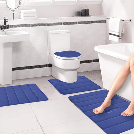 Xuniizn Bathroom Rugs Sets 4 Piece, Bath Mat Set and Oval Toilet Base with Rubber Backing, Plush Absorbent Shaggy Chenille Washable Mats, Includes 16x24", 16x20", 15x17" and 15x19" Rugs Blue.