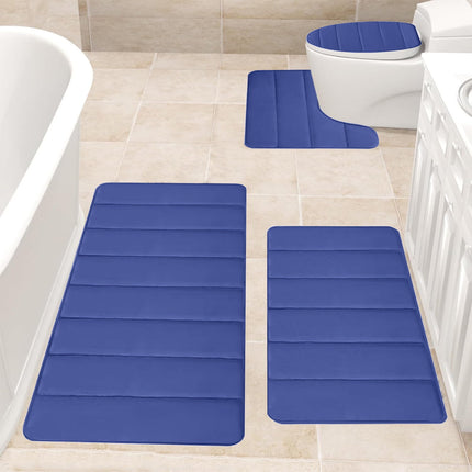 Xuniizn Bathroom Rugs Sets 4 Piece, Bath Mat Set and Oval Toilet Base with Rubber Backing, Plush Absorbent Shaggy Chenille Washable Mats, Includes 16x24", 16x20", 15x17" and 15x19" Rugs Blue.