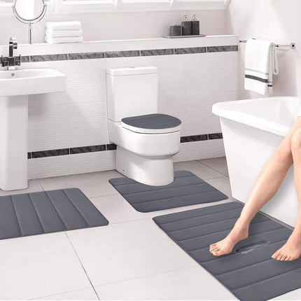 Xuniizn Bathroom Rugs Sets 4 Piece, Bath Mat Set and Oval Toilet Base with Rubber Backing, Plush Absorbent Shaggy Chenille Washable Mats, Includes 16x24", 16x20", 15x17" and 15x19" Rugs, Blue Dark Gray.