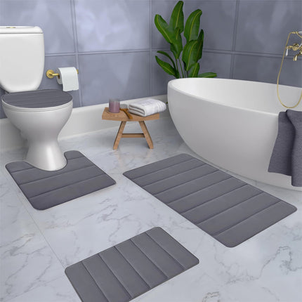Xuniizn Bathroom Rugs Sets 4 Piece, Bath Mat Set and Oval Toilet Base with Rubber Backing, Plush Absorbent Shaggy Chenille Washable Mats, Includes 16x24", 16x20", 15x17" and 15x19" Rugs, Blue Dark Gray.