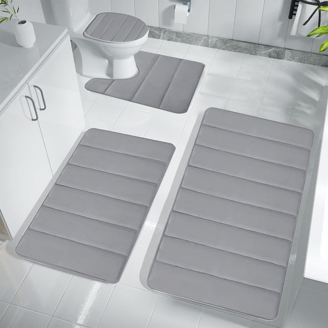 Xuniizn Bathroom Rugs Sets 4 Piece, Bath Mat Set and Oval Toilet Base with Rubber Backing, Plush Absorbent Shaggy Chenille Washable Mats, Includes 16x24", 16x20", 15x17" and 15x19" Rugs, Blue Gray.
