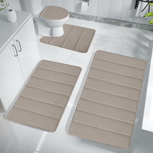 Xuniizn Bathroom Rugs Sets 4 Piece, Bath Mat Set and Oval Toilet Base with Rubber Backing, Plush Absorbent Shaggy Chenille Washable Mats, Includes 16x24", 16x20", 15x17" and 15x19" Rugs, Blue Khaki.