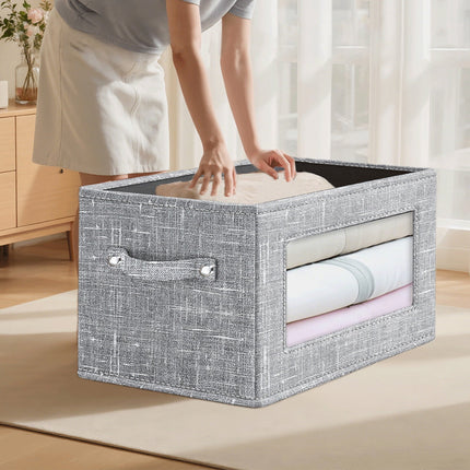 Wzzjkit Clothes Storage Bins, Foldable Storage Bin for Clothes, Clothing Storage Bins with Lid, Linen Storage Box with Clear Window＆ Zippers＆ Sturdy Handles L.