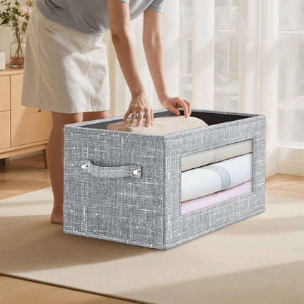 Wzzjkit Clothes Storage Bins, Foldable Storage Bin for Clothes, Clothing Storage Bins with Lid, Linen Storage Box with Clear Window＆ Zippers＆ Sturdy Handles S.