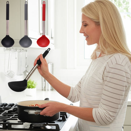 Tyidzon Kitchen Soup Ladle, Heat Resistant Silicone Ladle Lightweight Non Stick Kitchen Tools Spoons for Cooking, Stirring, Serving Soups(Red, 12") Black.