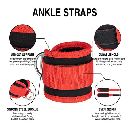 Billbianc Adjustable Polyester Ankle Straps for Cable Machine Kickbacks (2 Pack) Red.
