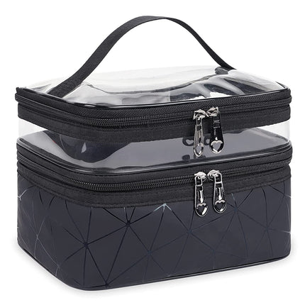 Meiyuuo Makeup Bag Cosmetic Bag Travelling Double Layer Make Up Bag Organizer Medium Case for Women Girls Reusable Toiletry Bags(Blue) Black.