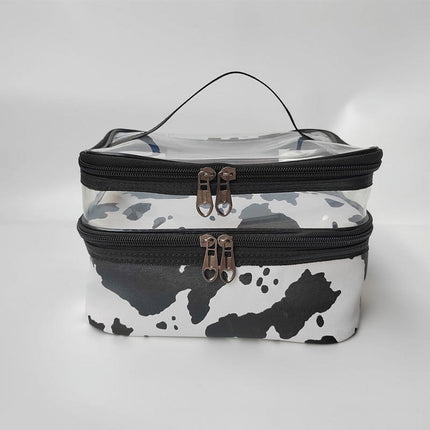 Meiyuuo Makeup Bag Cosmetic Bag Travelling Double Layer Make Up Bag Organizer Medium Case for Women Girls Reusable Toiletry Bags(Blue) Cow Print.